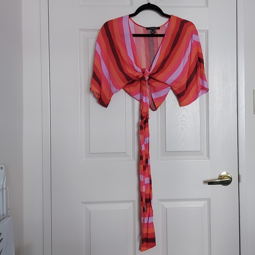 Cropped Tie Front Top in Pink and Orange Stripe from Forever 21
